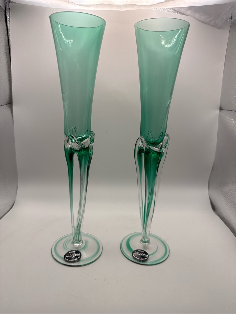 Elegant Green Handblown Glass Flutes - Pair Josefina Krosno Hand Made Vintage